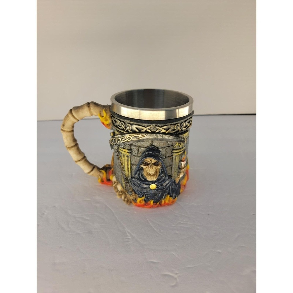 Grim Reaper Gothic Tankard Mug Skull Bone Handle Stainless Steel Lined Beer - Picture 2 of 6